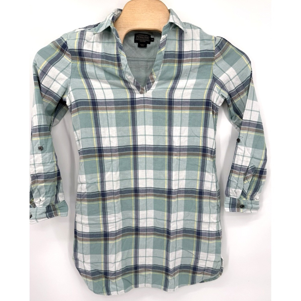 Pendleton Tunic Dress Womens XS Green Plaid Cotton Roll Tab Sleeve V-Neck Mini